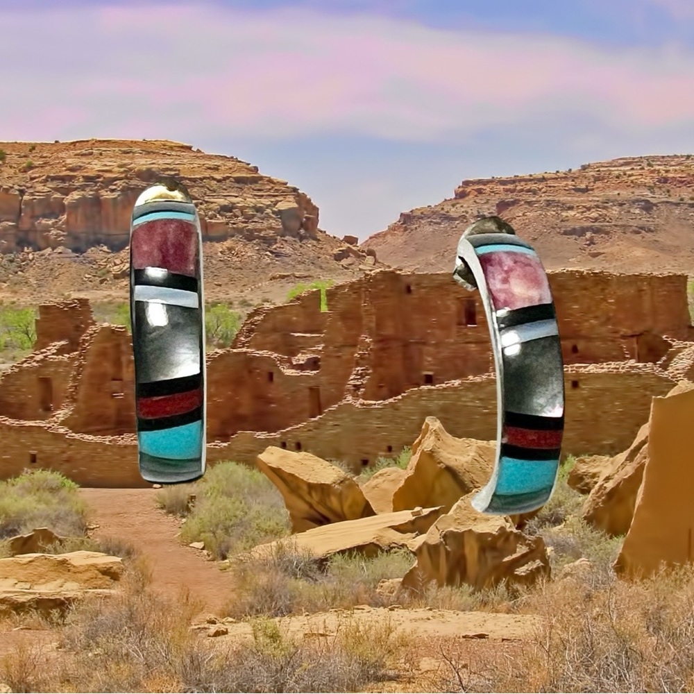 Sterling Silver Zuni Inlay Half Hoops 3/4”.